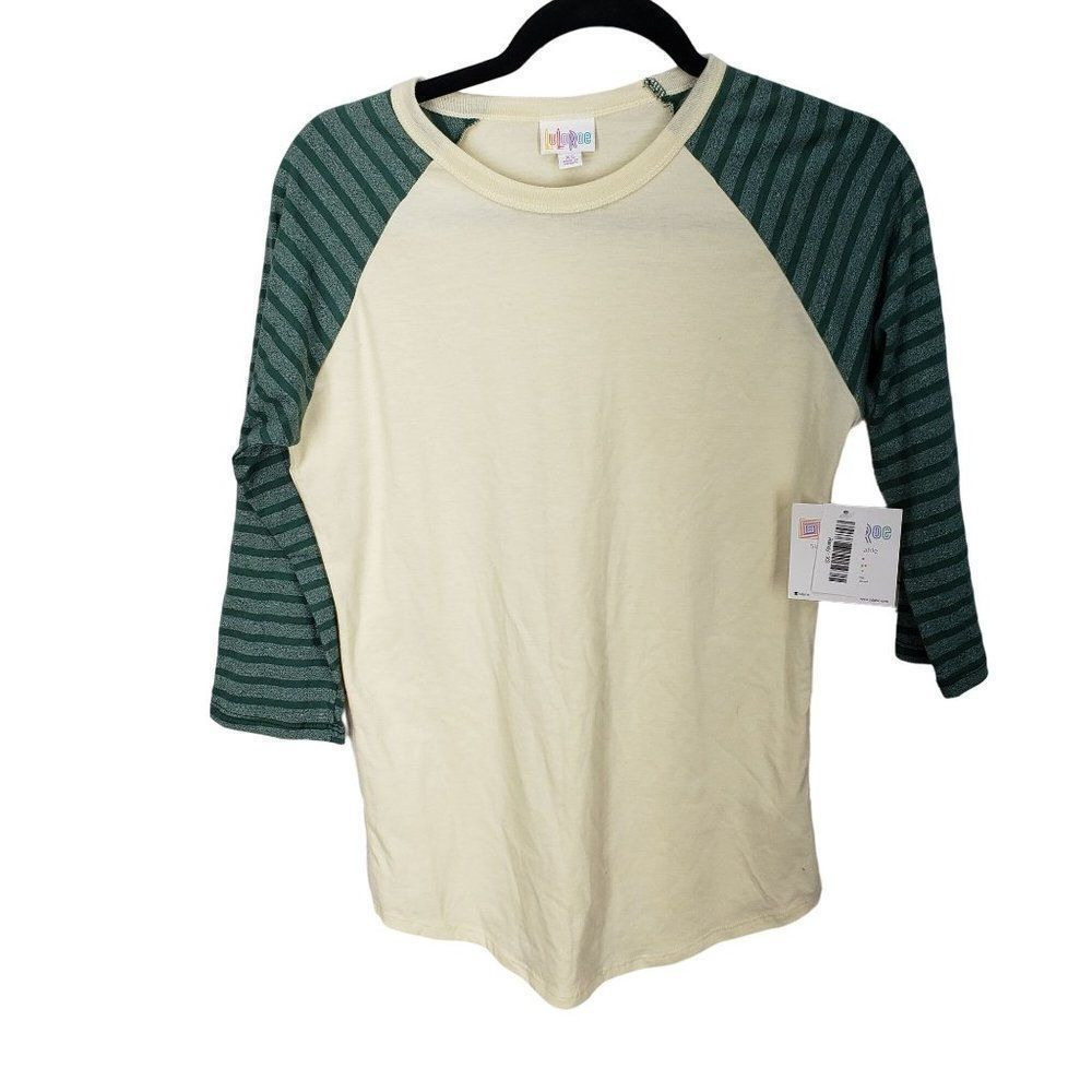 Lularoe Randy Beige Teal Striped 3/4 Sleeve Women's Size XS Raglan Style Shirt‎